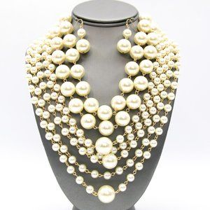 U1STNE1009 Multi-Strand Pearl Beaded Bib Necklace